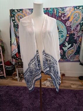 Porcelain Garden Kimono • Blue & White Floral Border Draped Wrap